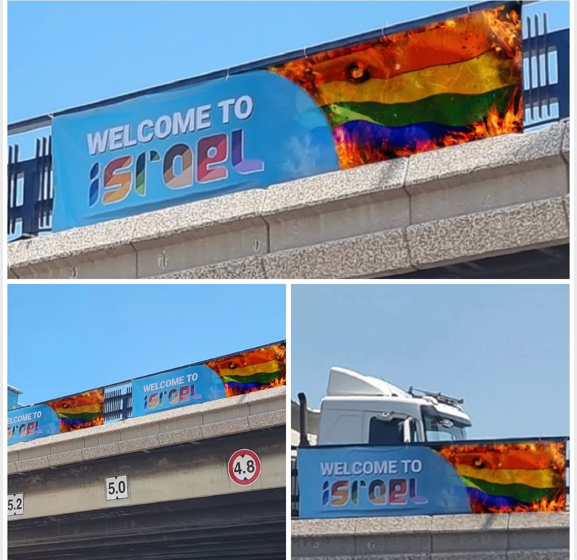 שלטים של מחאת הלהט''ב בנתיבי איילון לקראת ההפנה בנתב''ג