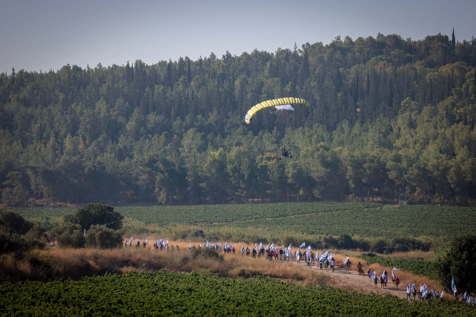 מפגינים נגד המהפכה המשפטית צועדים לירושלים, הבוקר ליד קיבוץ נחשון
