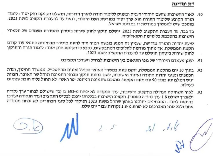 חלק מההסכם הקואליציוני בין הליכוד ליהדות התורה